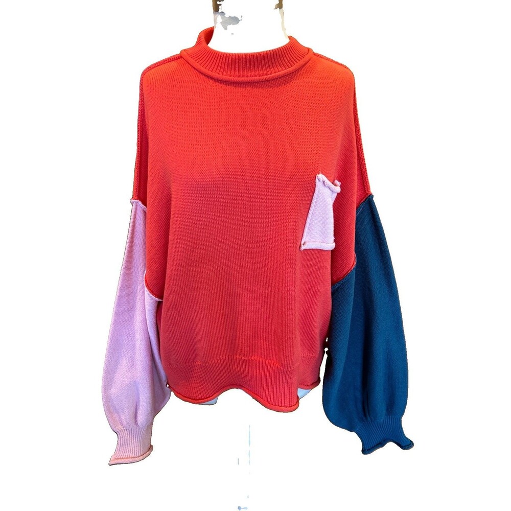 POL Colorblock Sweater Oversized Cotton Roll Hem Coral Pink Navy Sz Large Boho